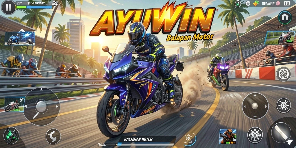 Tampilan dinamis balapan motor di AYUWIN dengan trek yang menantang.