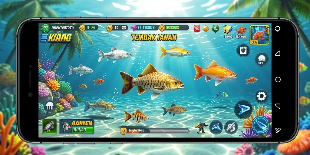 Tampilan gameplay DIREKTURTOTO dengan aksi Tembak Ikan yang seru.