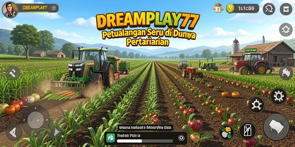 Screenshot gameplay DREAMPLAY77 yang menampilkan pertanian yang subur dan interaksi antar pemain.