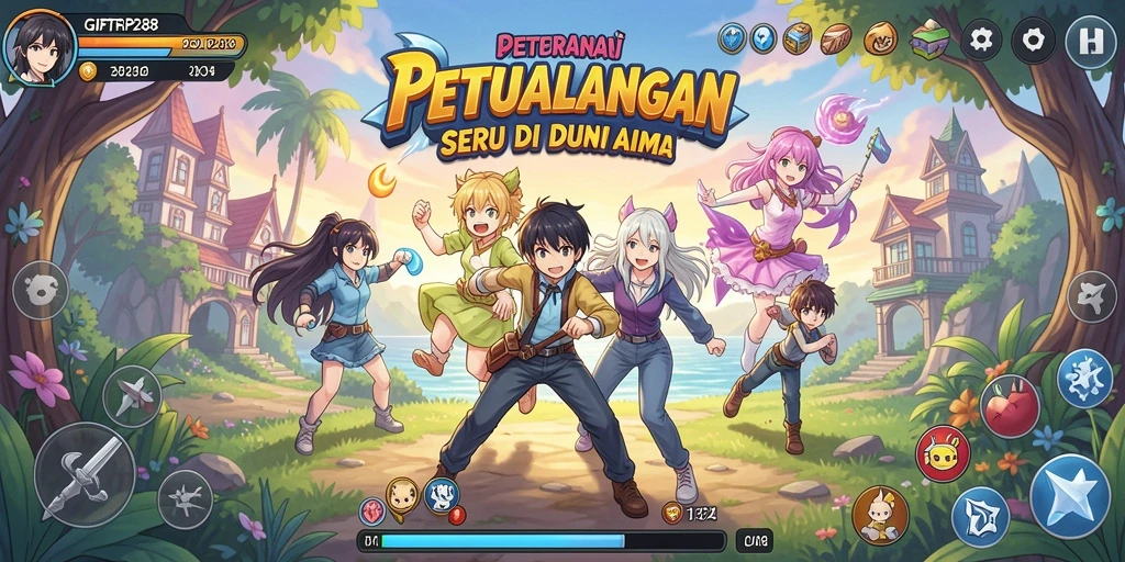 Screenshot utama GIFTRP288 menunjukkan pertarungan karakter anime yang seru.