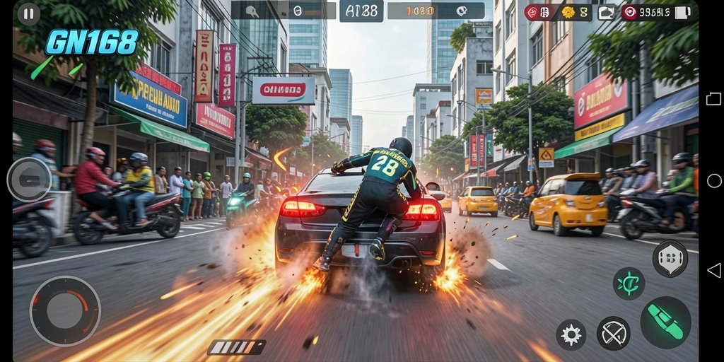 Screen gameplay GN168 menampilkan aksi balapan yang mendebarkan dan mobil yang cepat.