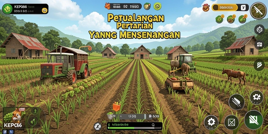 Tangkapan layar gameplay KEPO66 menampilkan suasana pertanian yang hidup dan interaktif.