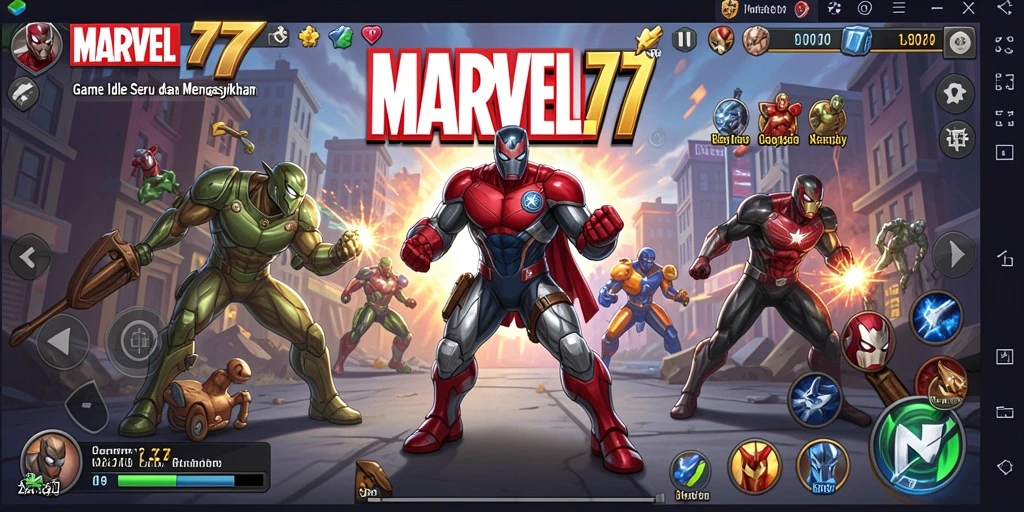 Tampilan yang mendebarkan dari gameplay Idle MARVEL77.
