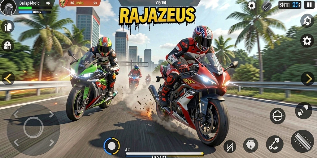 Tampilan gameplay RAJAZEUS yang seru dalam balapan motor.
