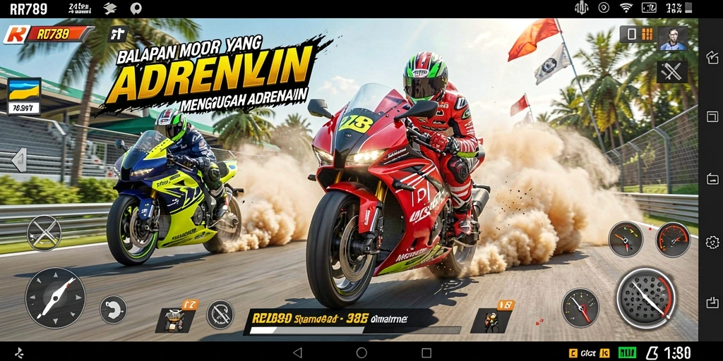 Screenshot gameplay RR789 yang menunjukkan aksi balapan motor yang mendebarkan.