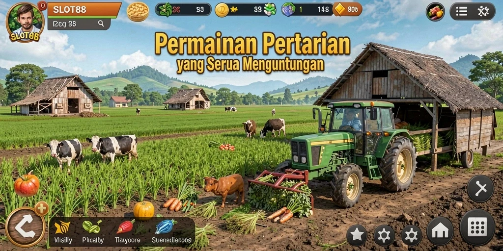Tampilan gameplay seru di dunia pertanian SLOT88 yang penuh warna.